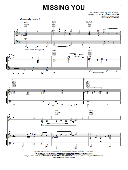 Jill Scott Missing You Sheet Music Notes & Chords for Piano, Vocal & Guitar (Right-Hand Melody) - Download or Print PDF