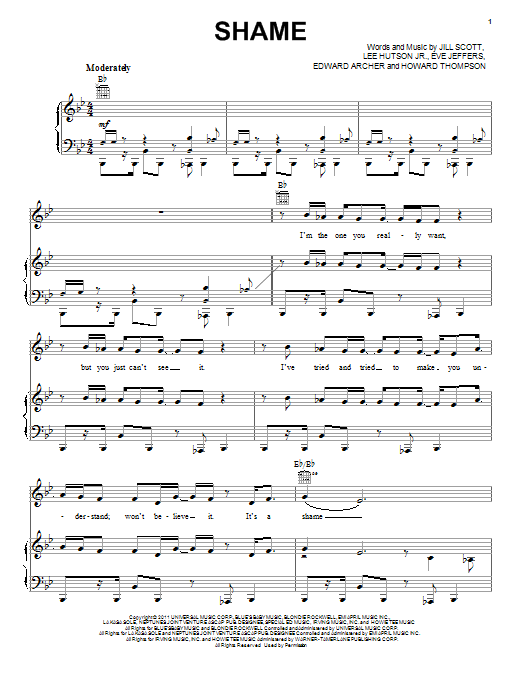 Jill Scott Shame Sheet Music Notes & Chords for Piano, Vocal & Guitar (Right-Hand Melody) - Download or Print PDF