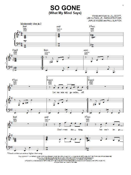 Jill Scott So Gone (What My Mind Says) Sheet Music Notes & Chords for Piano, Vocal & Guitar (Right-Hand Melody) - Download or Print PDF