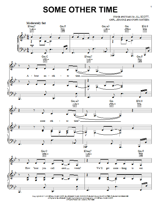 Jill Scott Some Other Time Sheet Music Notes & Chords for Piano, Vocal & Guitar (Right-Hand Melody) - Download or Print PDF