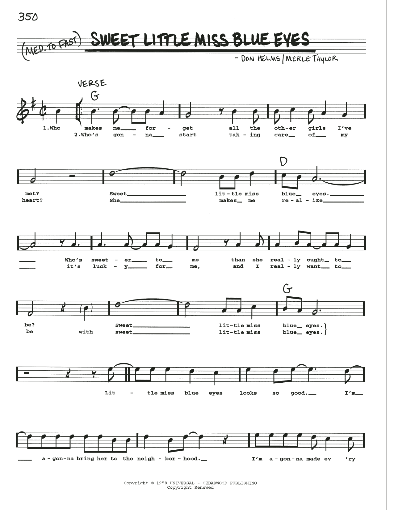 Jim & Jesse and The Virginia Boys Sweet Little Miss Blue Eyes Sheet Music Notes & Chords for Real Book – Melody, Lyrics & Chords - Download or Print PDF