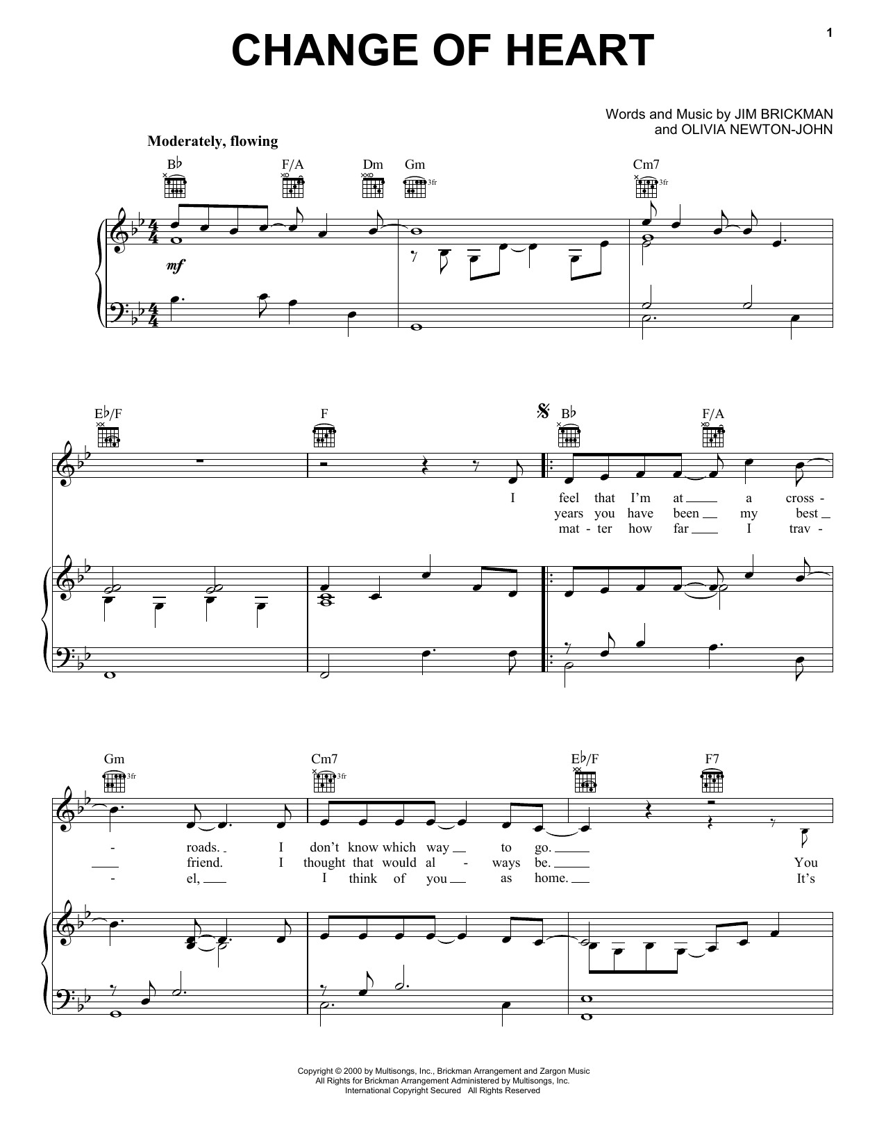Jim Brickman Change Of Heart (feat. Olivia Newton-John) Sheet Music Notes & Chords for Piano, Vocal & Guitar (Right-Hand Melody) - Download or Print PDF