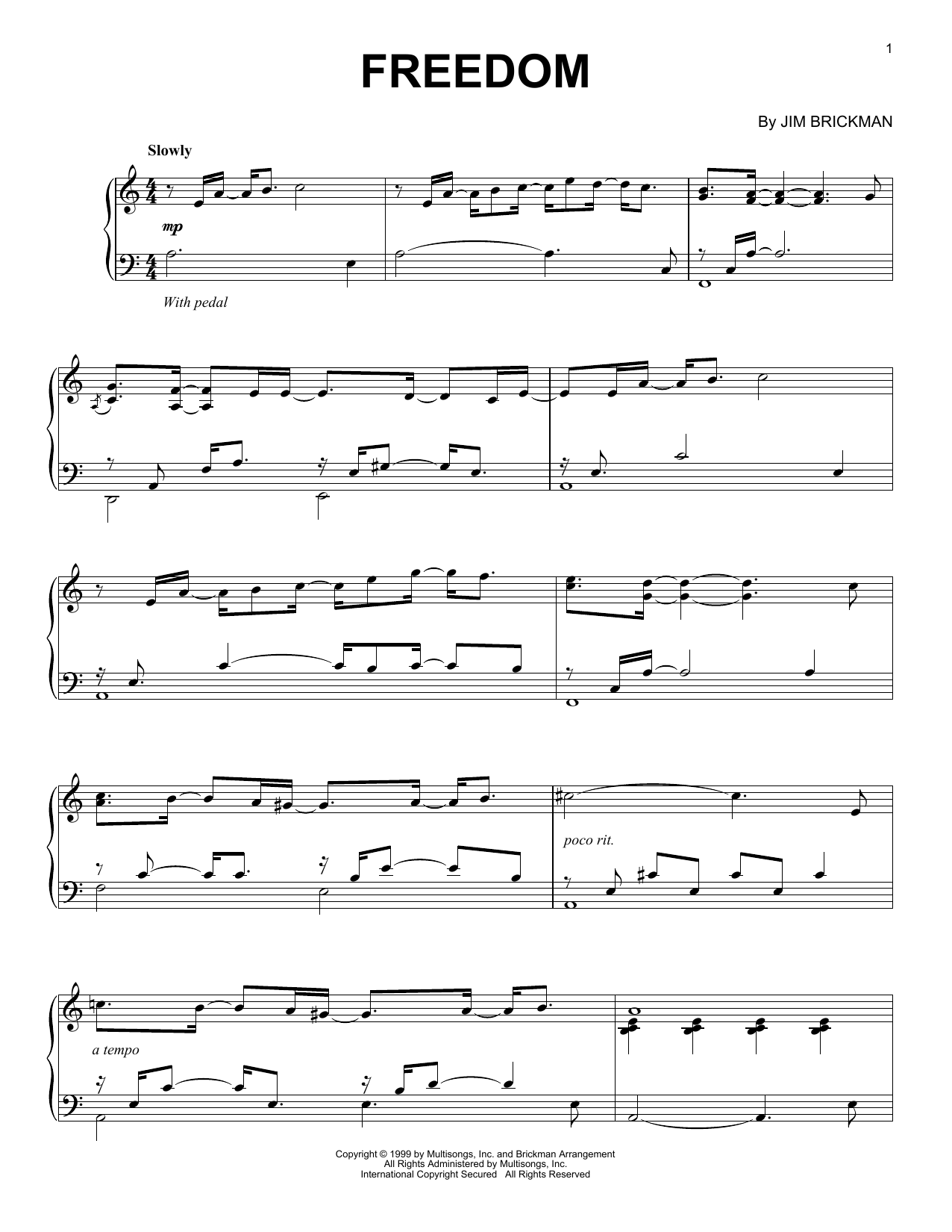 Jim Brickman Freedom Sheet Music Notes & Chords for Piano Solo - Download or Print PDF