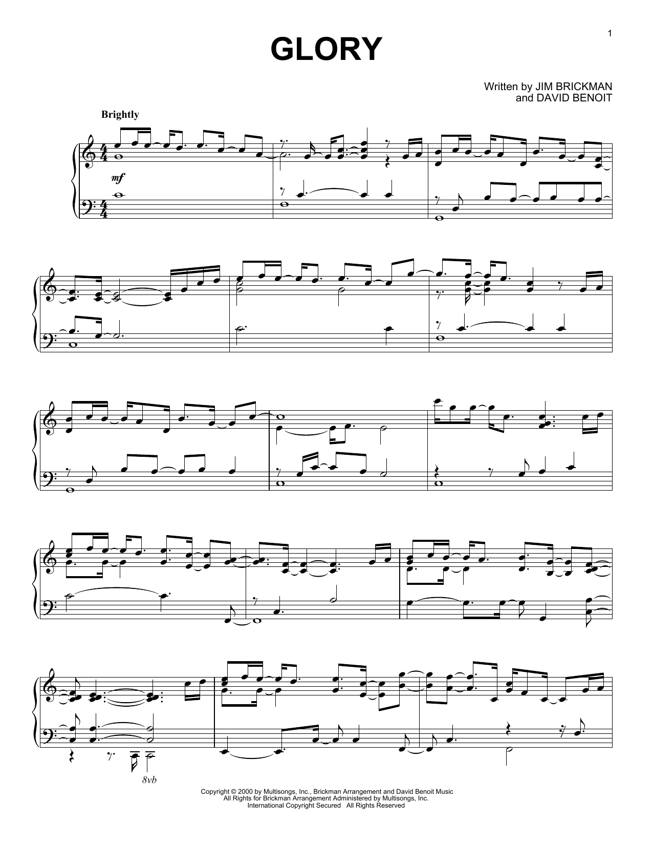 Jim Brickman Glory Sheet Music Notes & Chords for Piano Solo - Download or Print PDF