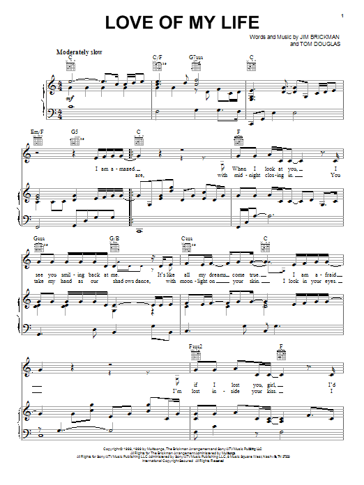 Jim Brickman Love Of My Life (feat. Donny Osmond) Sheet Music Notes & Chords for Piano, Vocal & Guitar (Right-Hand Melody) - Download or Print PDF