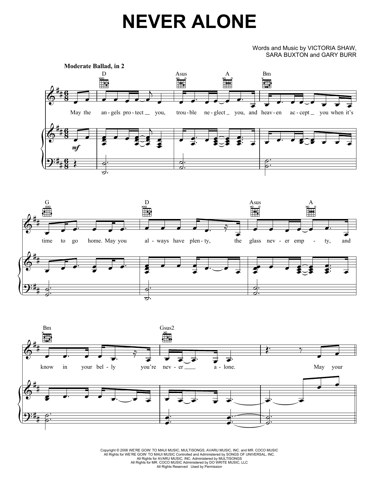 Jim Brickman Never Alone (feat. Lady A) Sheet Music Notes & Chords for Piano, Vocal & Guitar (Right-Hand Melody) - Download or Print PDF
