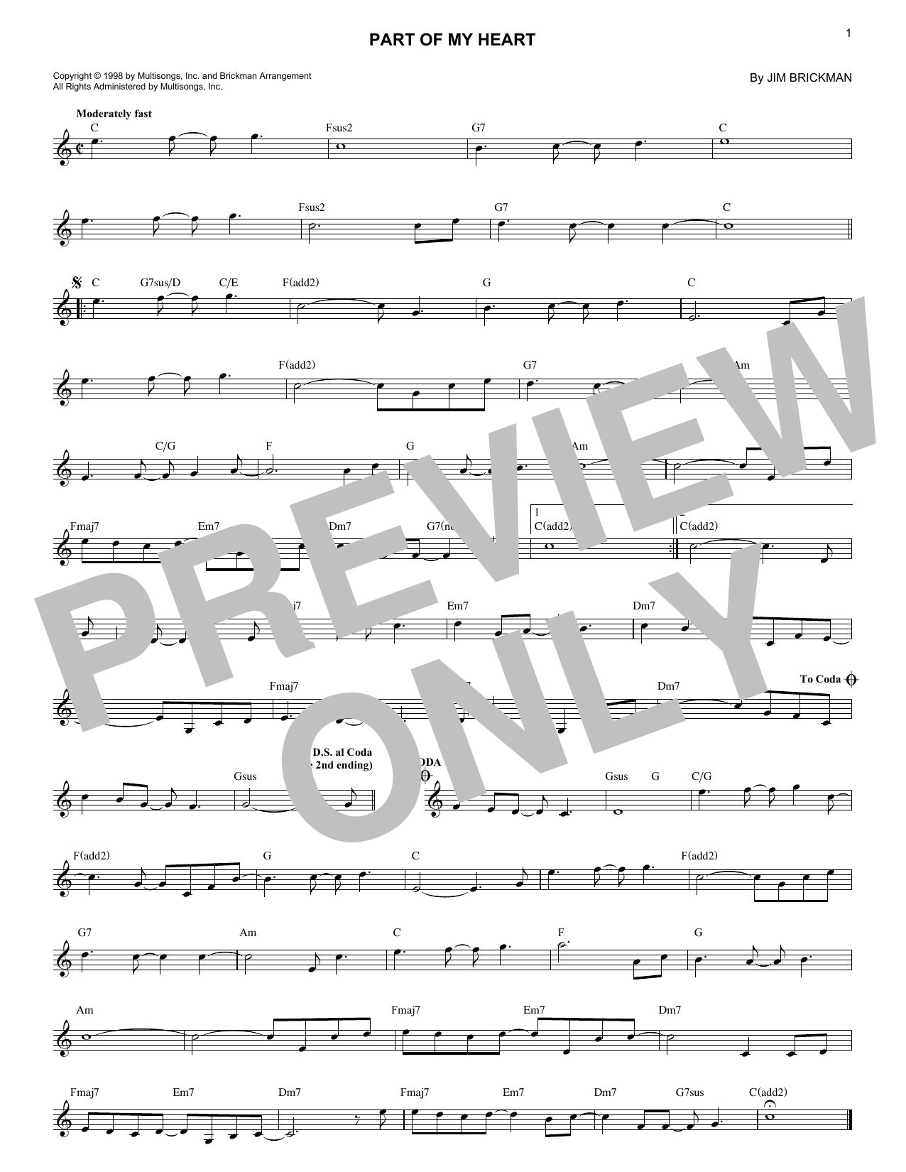 Jim Brickman Part Of My Heart Sheet Music Notes & Chords for Lead Sheet / Fake Book - Download or Print PDF