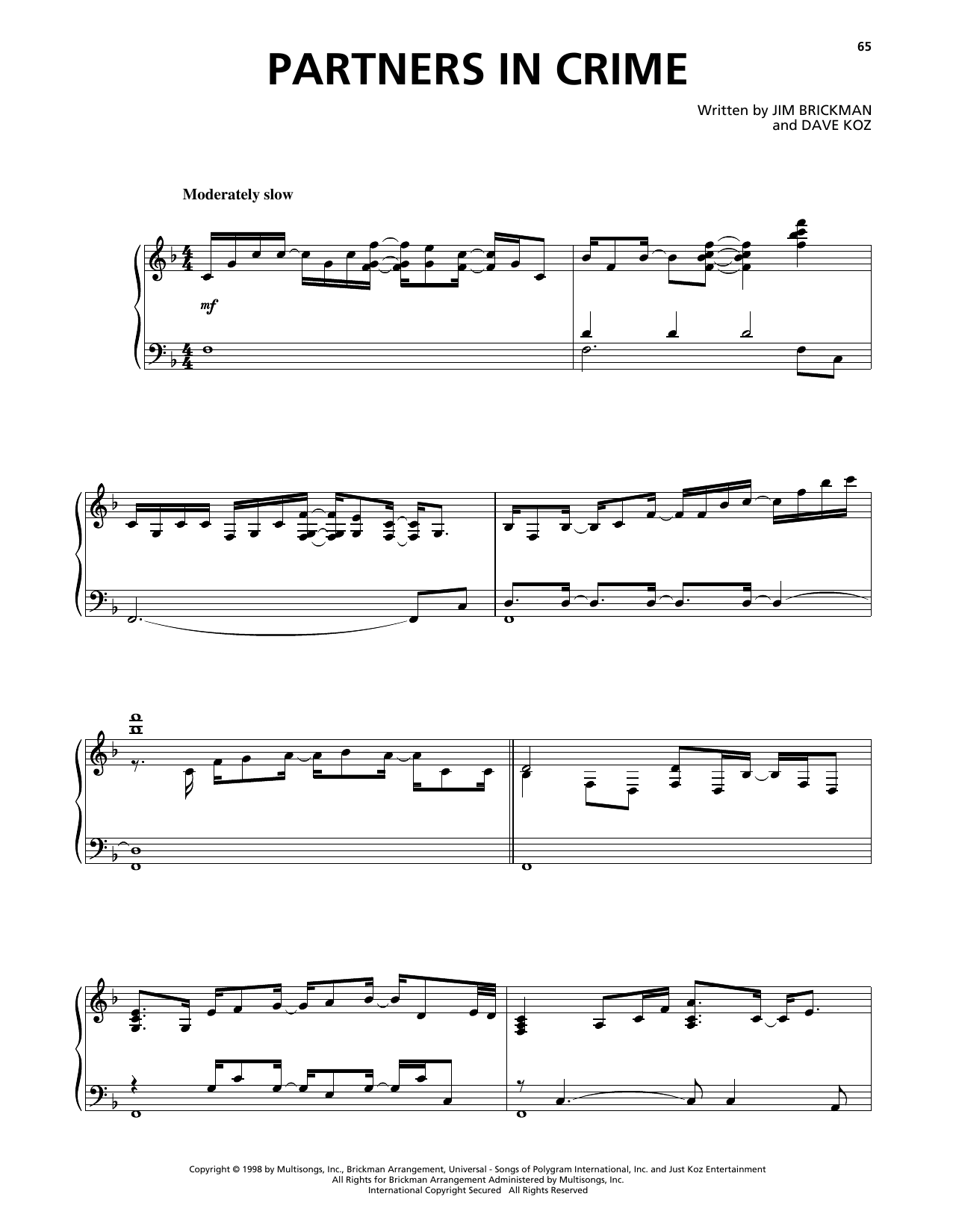 Jim Brickman Partners In Crime Sheet Music Notes & Chords for Piano Solo - Download or Print PDF