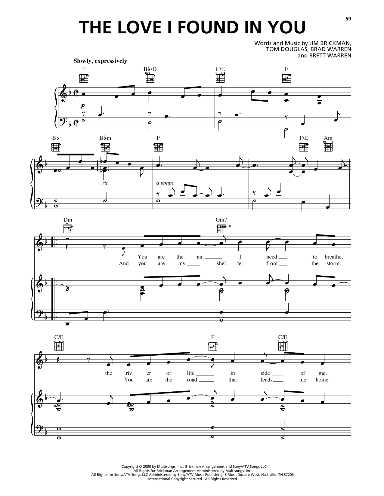 Jim Brickman The Love I Found In You Sheet Music Notes & Chords for Piano, Vocal & Guitar (Right-Hand Melody) - Download or Print PDF