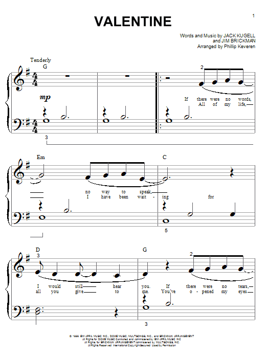 Jim Brickman with Martina McBride Valentine Sheet Music Notes & Chords for Piano (Big Notes) - Download or Print PDF