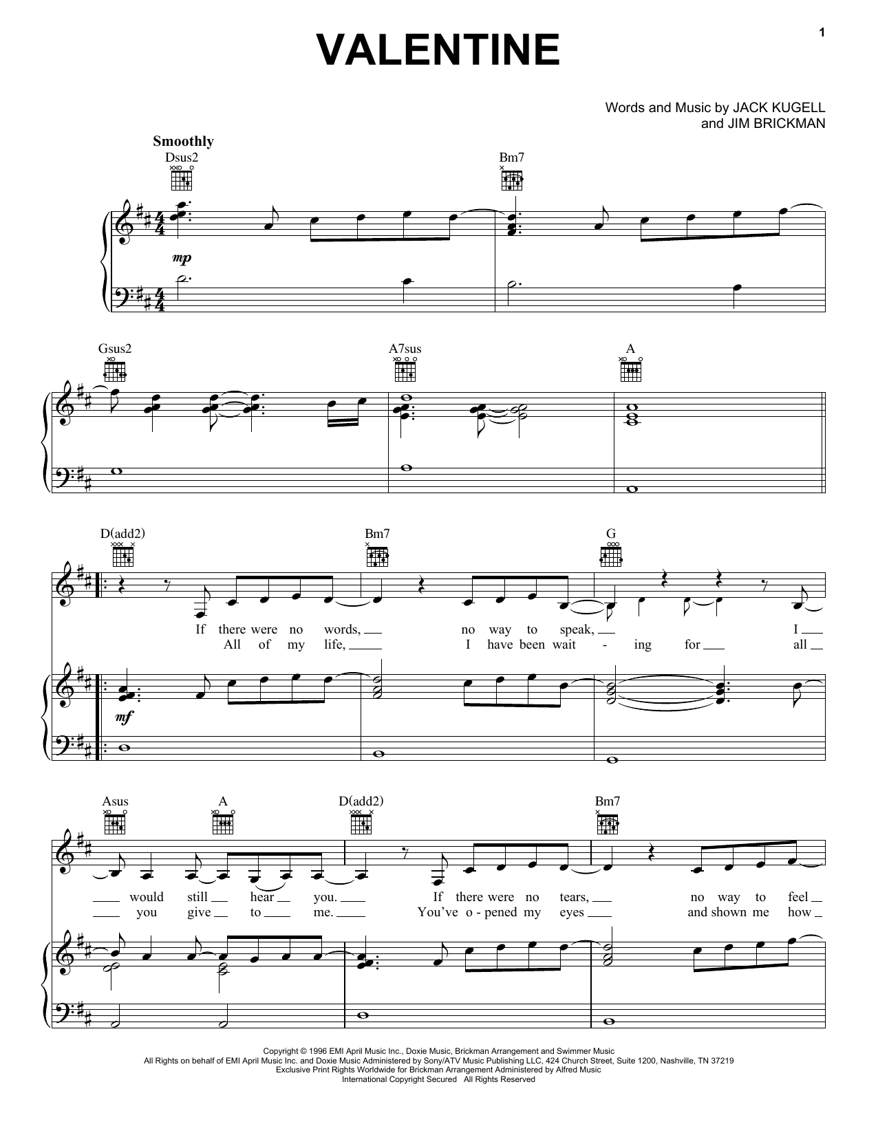 Jim Brickman with Martina McBride Valentine Sheet Music Notes & Chords for Lyrics & Chords - Download or Print PDF