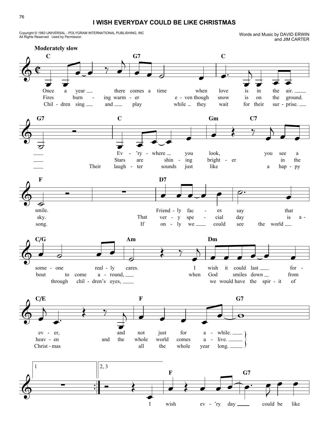 Jim Carter I Wish Everyday Could Be Like Christmas Sheet Music Notes & Chords for Melody Line, Lyrics & Chords - Download or Print PDF
