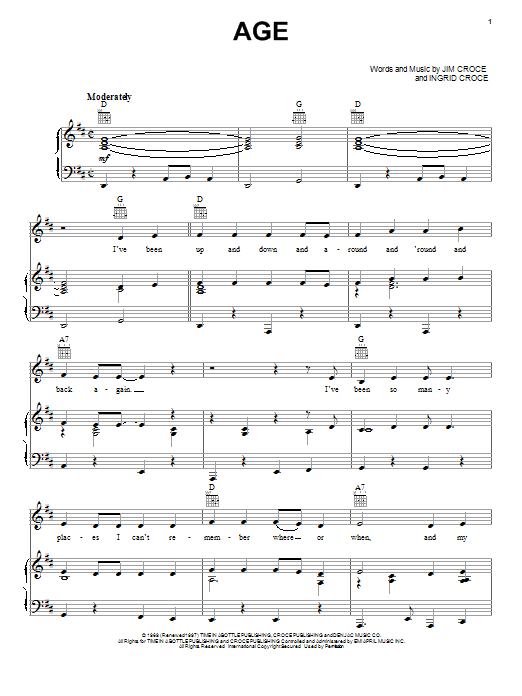 Jim Croce Age Sheet Music Notes & Chords for Piano, Vocal & Guitar (Right-Hand Melody) - Download or Print PDF