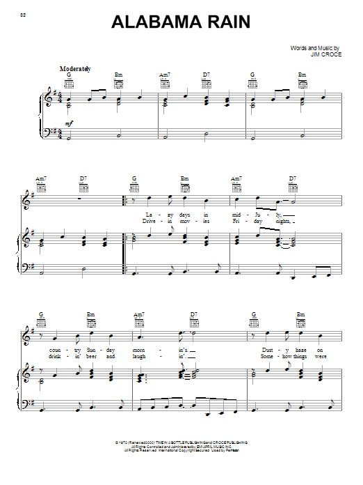 Jim Croce Alabama Rain Sheet Music Notes & Chords for Lyrics & Chords - Download or Print PDF