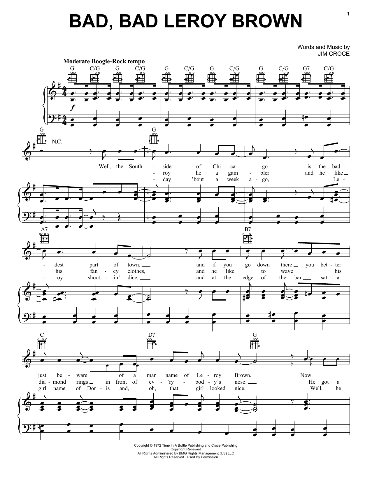 Jim Croce Bad, Bad Leroy Brown Sheet Music Notes & Chords for Lyrics & Chords - Download or Print PDF