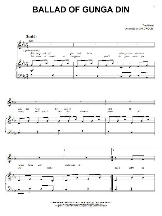 Jim Croce Ballad Of Gunga Din Sheet Music Notes & Chords for Piano, Vocal & Guitar (Right-Hand Melody) - Download or Print PDF Jim Croce Ballad Of Gunga Din Sheet Music Notes & Chords for Piano, Vocal & Guitar (Right-Hand Melody) - Download or Print PDF