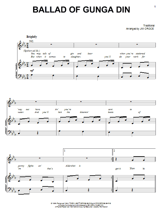 Jim Croce Ballad Of Gunga Din Sheet Music Notes & Chords for Piano, Vocal & Guitar (Right-Hand Melody) - Download or Print PDF