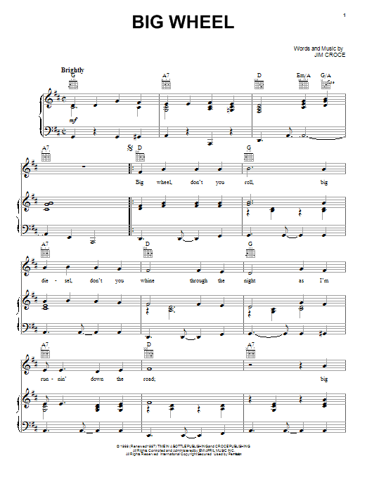 Jim Croce Big Wheel Sheet Music Notes & Chords for Lyrics & Chords - Download or Print PDF Jim Croce Big Wheel Sheet Music Notes & Chords for Lyrics & Chords - Download or Print PDF