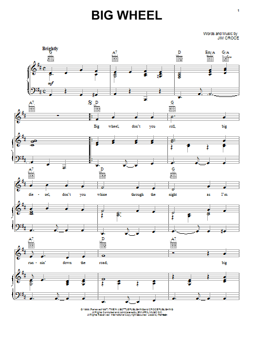 Jim Croce Big Wheel Sheet Music Notes & Chords for Lyrics & Chords - Download or Print PDF