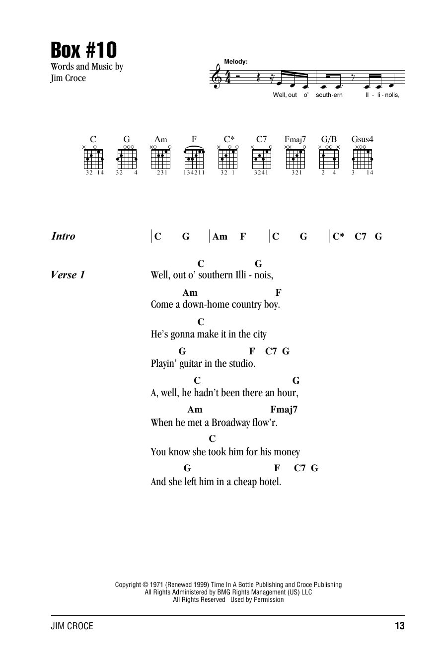 Jim Croce Box #10 Sheet Music Notes & Chords for Lyrics & Chords - Download or Print PDF