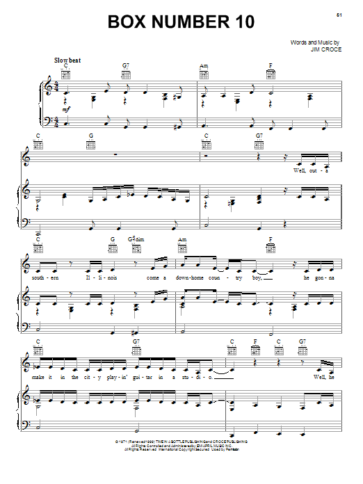 Jim Croce Box Number 10 Sheet Music Notes & Chords for Piano, Vocal & Guitar (Right-Hand Melody) - Download or Print PDF Jim Croce Box Number 10 Sheet Music Notes & Chords for Piano, Vocal & Guitar (Right-Hand Melody) - Download or Print PDF