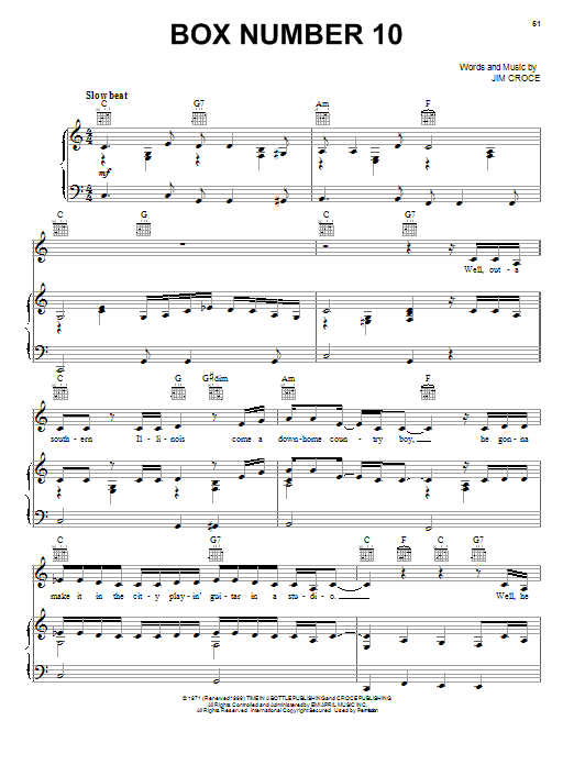 Jim Croce Box Number 10 Sheet Music Notes & Chords for Piano, Vocal & Guitar (Right-Hand Melody) - Download or Print PDF