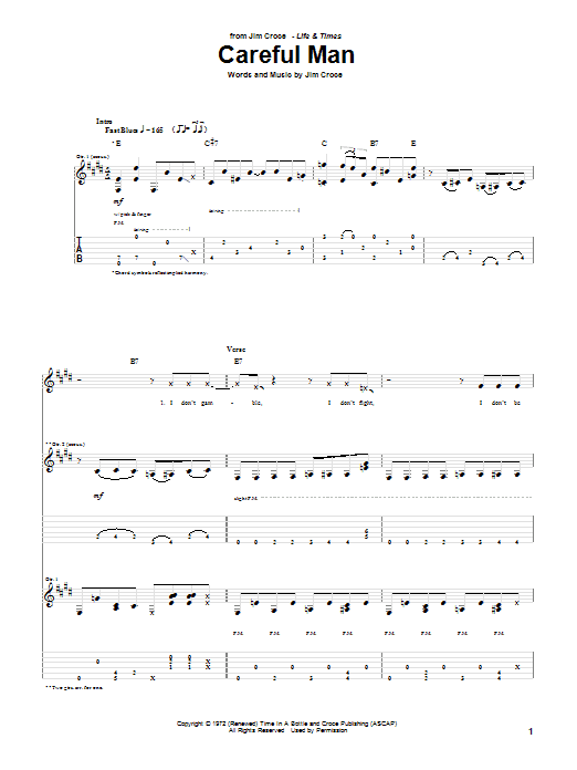Jim Croce Careful Man Sheet Music Notes & Chords for Guitar Tab - Download or Print PDF