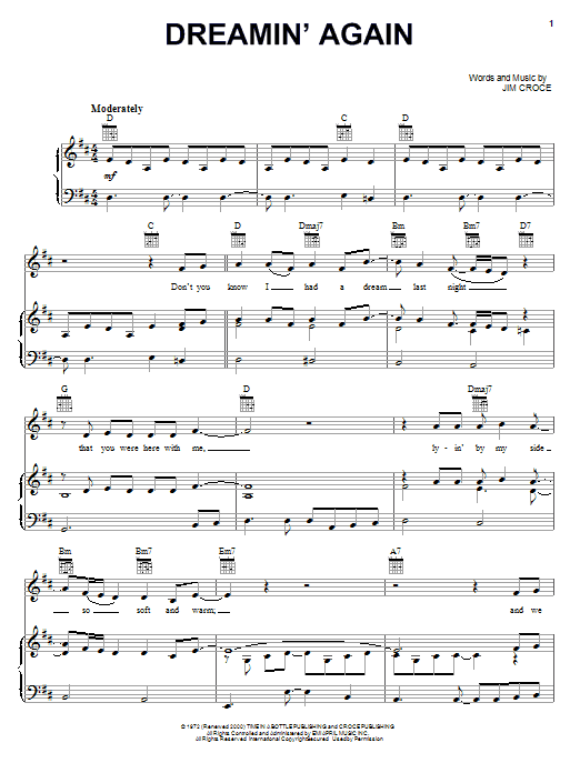 Jim Croce Dreamin' Again Sheet Music Notes & Chords for Lyrics & Chords - Download or Print PDF
