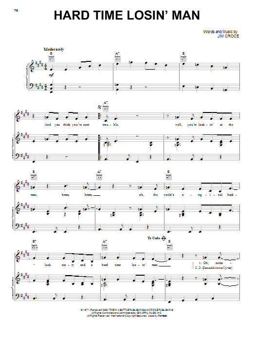 Jim Croce Hard Time Losin' Man Sheet Music Notes & Chords for Piano, Vocal & Guitar (Right-Hand Melody) - Download or Print PDF