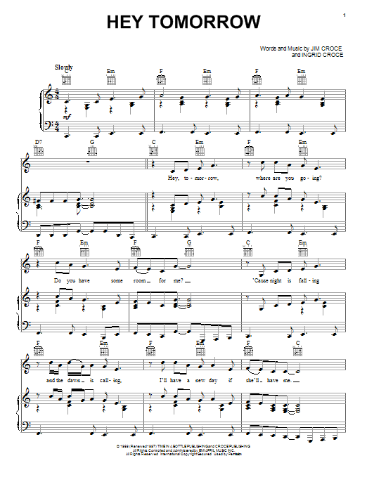 Jim Croce Hey Tomorrow Sheet Music Notes & Chords for Lyrics & Chords - Download or Print PDF