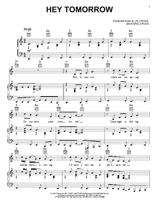 Jim Croce Hey Tomorrow Sheet Music Notes & Chords for Piano, Vocal & Guitar (Right-Hand Melody) - Download or Print PDF