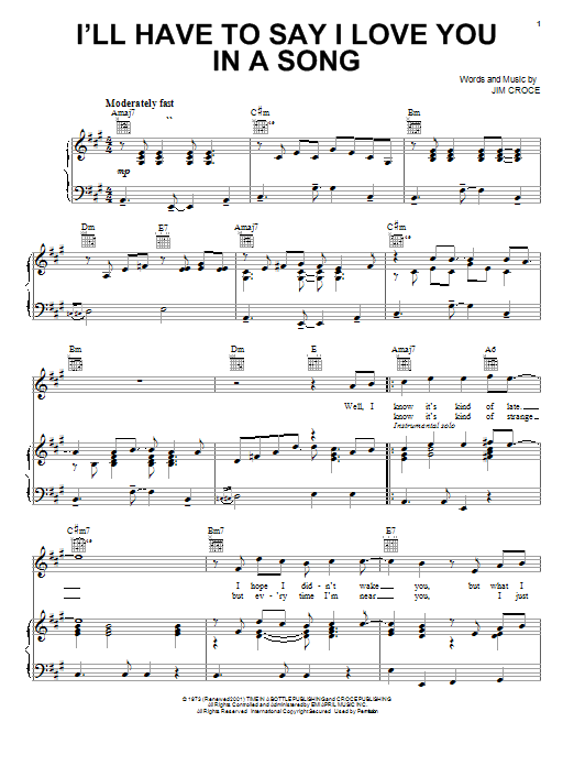 Jim Croce I'll Have To Say I Love You In A Song Sheet Music Notes & Chords for Lyrics & Chords - Download or Print PDF