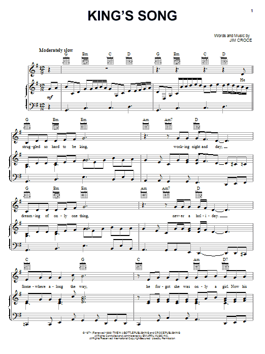 Jim Croce King's Song Sheet Music Notes & Chords for Lyrics & Chords - Download or Print PDF Jim Croce King's Song Sheet Music Notes & Chords for Lyrics & Chords - Download or Print PDF