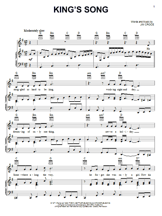 Jim Croce King's Song Sheet Music Notes & Chords for Lyrics & Chords - Download or Print PDF