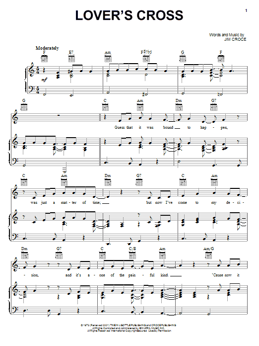 Jim Croce Lover's Cross Sheet Music Notes & Chords for Piano, Vocal & Guitar (Right-Hand Melody) - Download or Print PDF