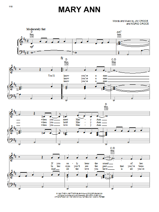 Jim Croce Mary Ann Sheet Music Notes & Chords for Piano, Vocal & Guitar (Right-Hand Melody) - Download or Print PDF Jim Croce Mary Ann Sheet Music Notes & Chords for Piano, Vocal & Guitar (Right-Hand Melody) - Download or Print PDF