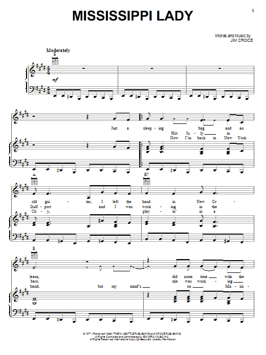 Jim Croce Mississippi Lady Sheet Music Notes & Chords for Piano, Vocal & Guitar (Right-Hand Melody) - Download or Print PDF Jim Croce Mississippi Lady Sheet Music Notes & Chords for Piano, Vocal & Guitar (Right-Hand Melody) - Download or Print PDF