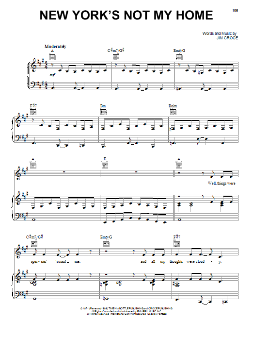 Jim Croce New York's Not My Home Sheet Music Notes & Chords for Piano, Vocal & Guitar (Right-Hand Melody) - Download or Print PDF