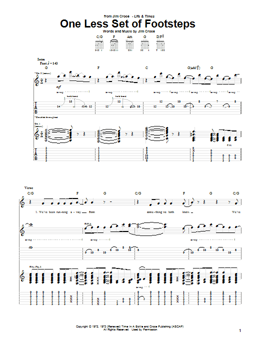 Jim Croce One Less Set Of Footsteps Sheet Music Notes & Chords for Lyrics & Chords - Download or Print PDF