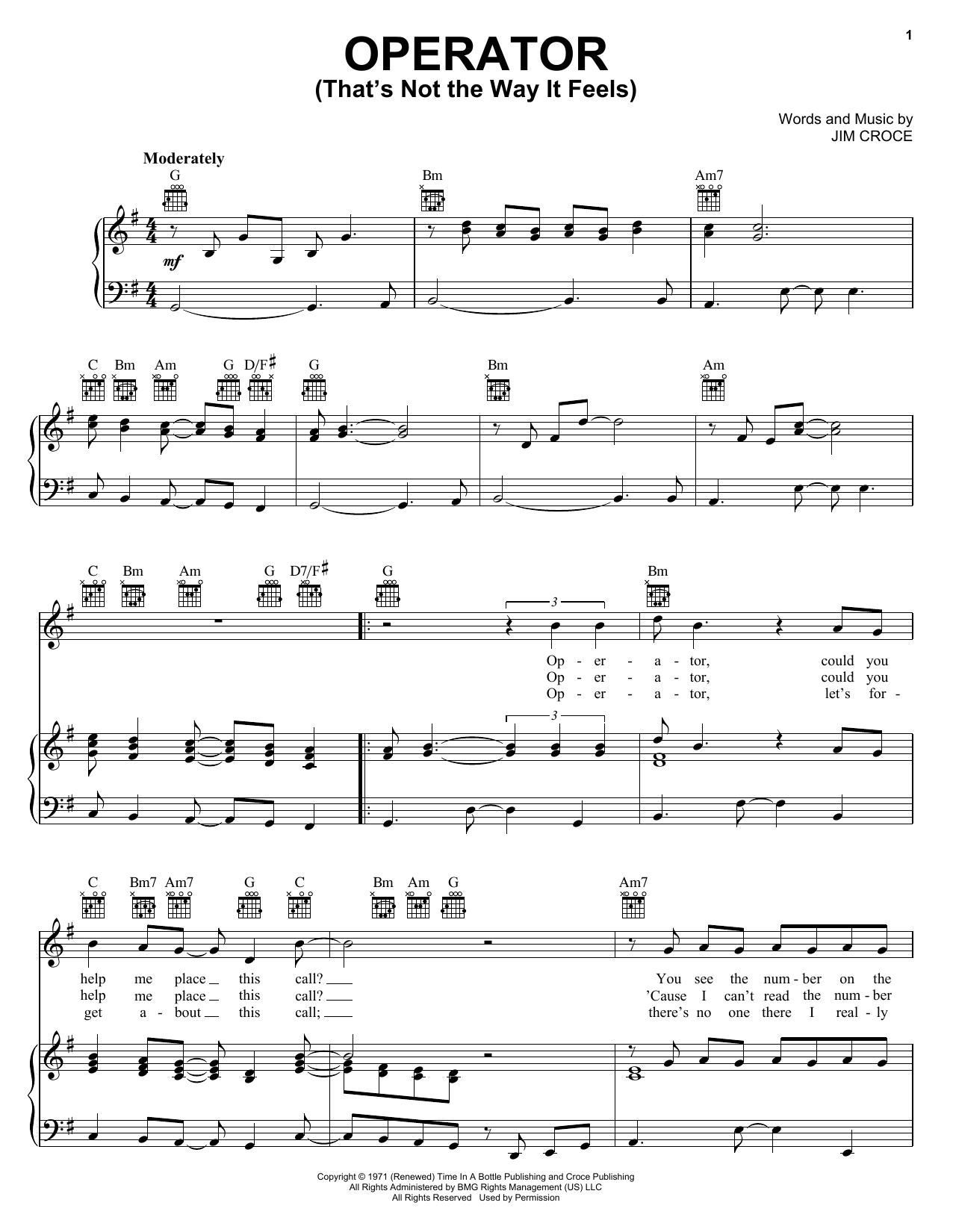 Jim Croce Operator (That's Not The Way It Feels) Sheet Music Notes & Chords for Guitar Tab Play-Along - Download or Print PDF