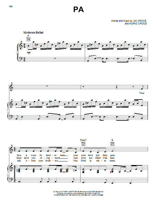 Jim Croce Pa Sheet Music Notes & Chords for Piano, Vocal & Guitar (Right-Hand Melody) - Download or Print PDF Jim Croce Pa Sheet Music Notes & Chords for Piano, Vocal & Guitar (Right-Hand Melody) - Download or Print PDF