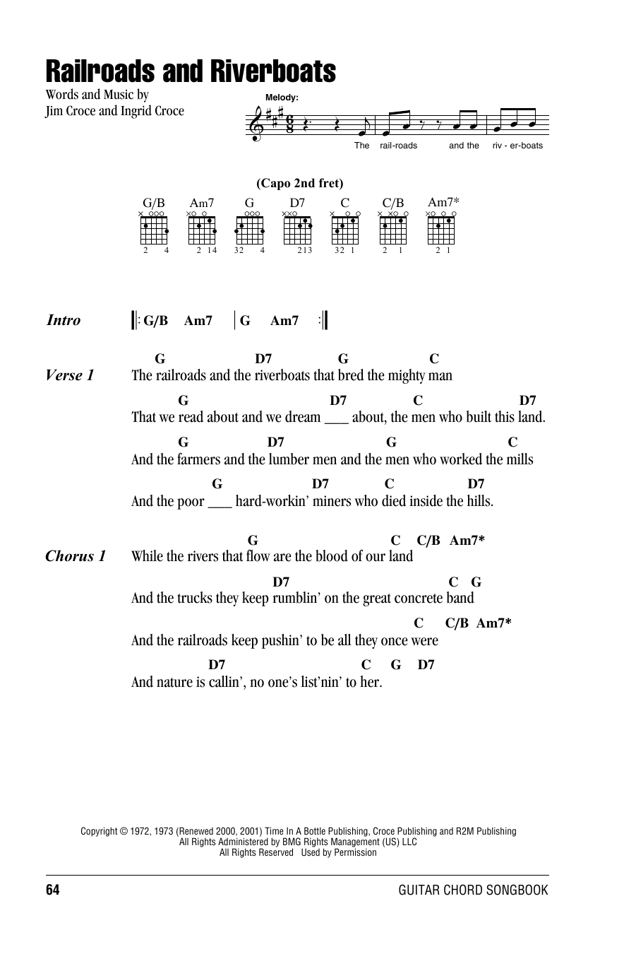 Jim Croce Railroads And Riverboats Sheet Music Notes & Chords for Lyrics & Chords - Download or Print PDF