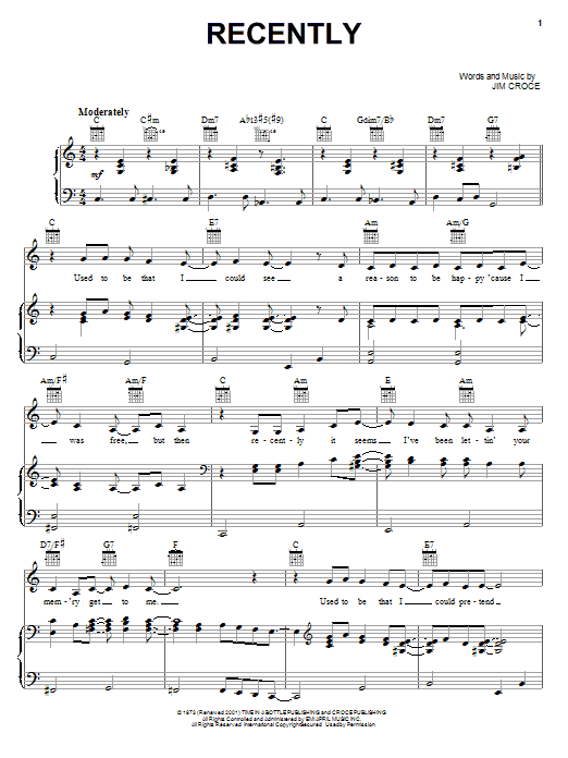 Jim Croce Recently Sheet Music Notes & Chords for Lyrics & Chords - Download or Print PDF Jim Croce Recently Sheet Music Notes & Chords for Lyrics & Chords - Download or Print PDF