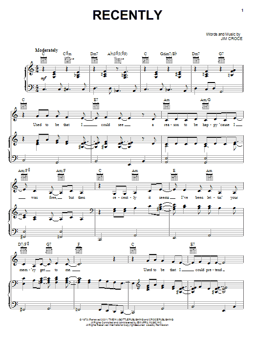 Jim Croce Recently Sheet Music Notes & Chords for Lyrics & Chords - Download or Print PDF