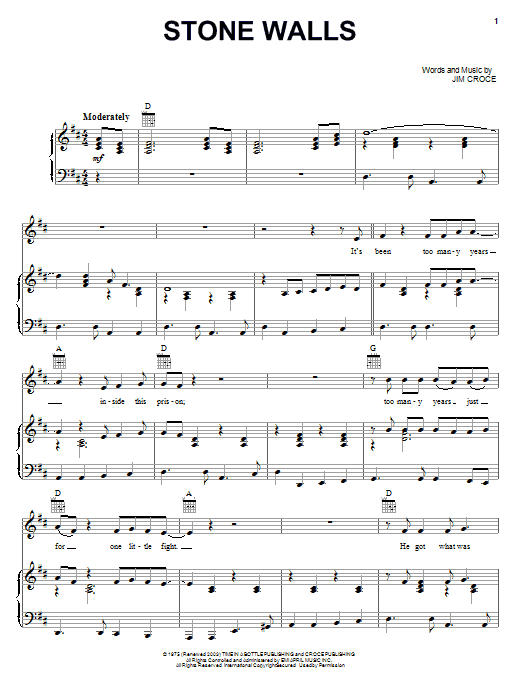 Jim Croce Stone Walls Sheet Music Notes & Chords for Lyrics & Chords - Download or Print PDF