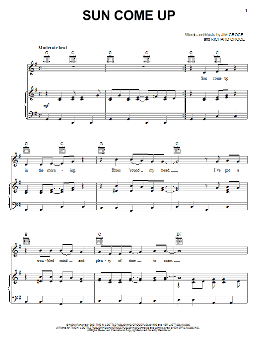 Jim Croce Sun Come Up Sheet Music Notes & Chords for Piano, Vocal & Guitar (Right-Hand Melody) - Download or Print PDF