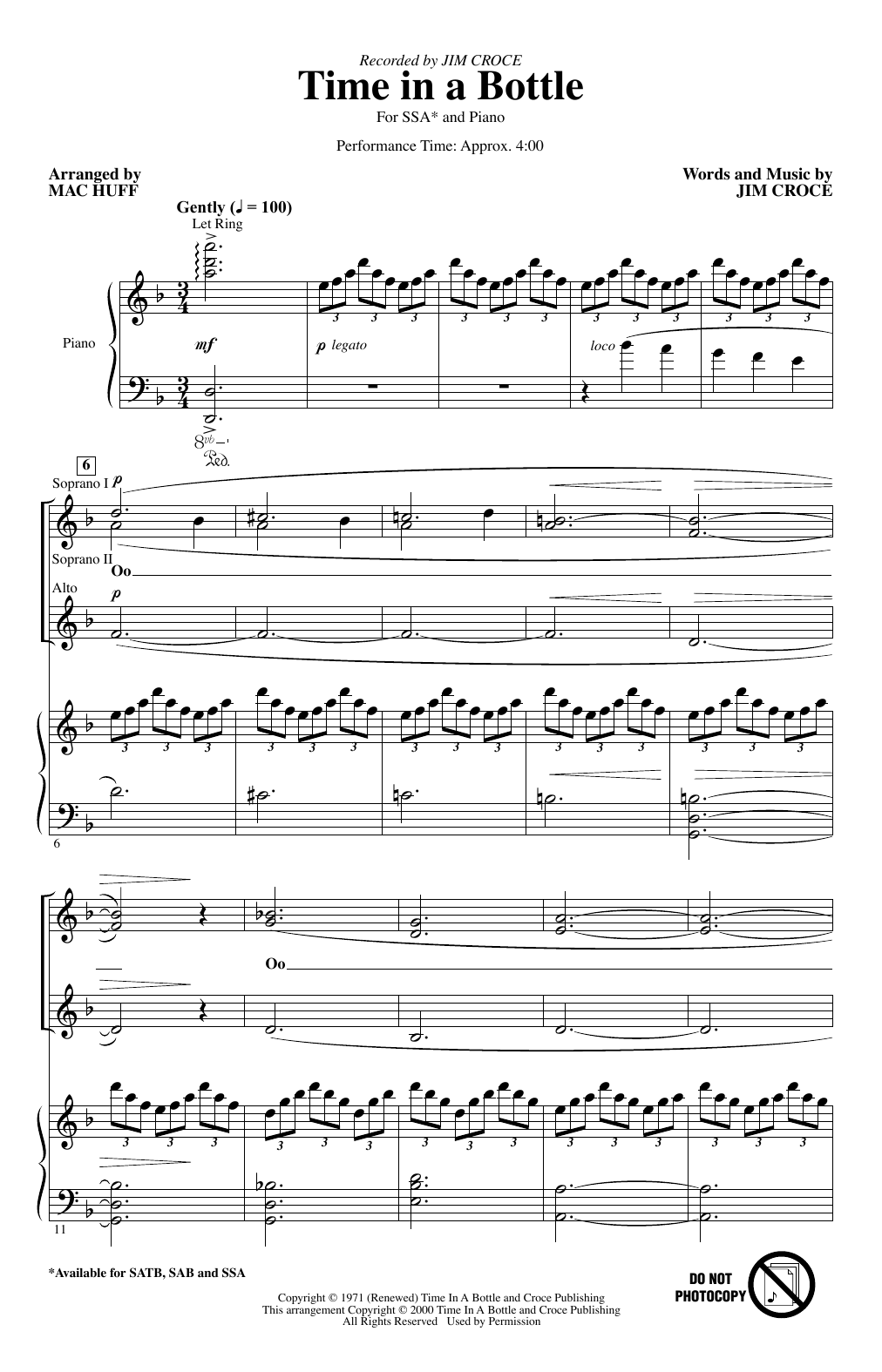 Jim Croce Time In A Bottle (arr. Mac Huff) Sheet Music Notes & Chords for SATB Choir - Download or Print PDF