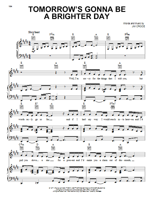 Jim Croce Tomorrow's Gonna Be A Brighter Day Sheet Music Notes & Chords for Piano, Vocal & Guitar (Right-Hand Melody) - Download or Print PDF
