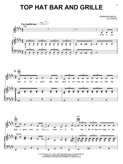 Jim Croce Top Hat Bar And Grille Sheet Music Notes & Chords for Lyrics & Chords - Download or Print PDF Jim Croce Top Hat Bar And Grille Sheet Music Notes & Chords for Lyrics & Chords - Download or Print PDF
