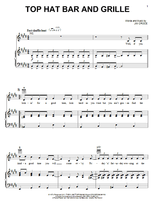 Jim Croce Top Hat Bar And Grille Sheet Music Notes & Chords for Piano, Vocal & Guitar (Right-Hand Melody) - Download or Print PDF